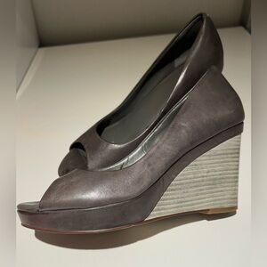 Cole Haan Gray Leather Peep-Toe Wedge Pumps